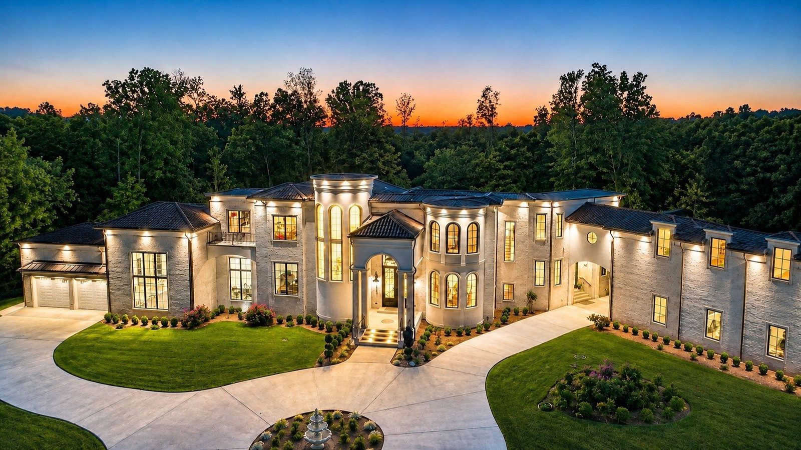 A Mediterranean inspired Tennessee estate glowing against a warm sunset