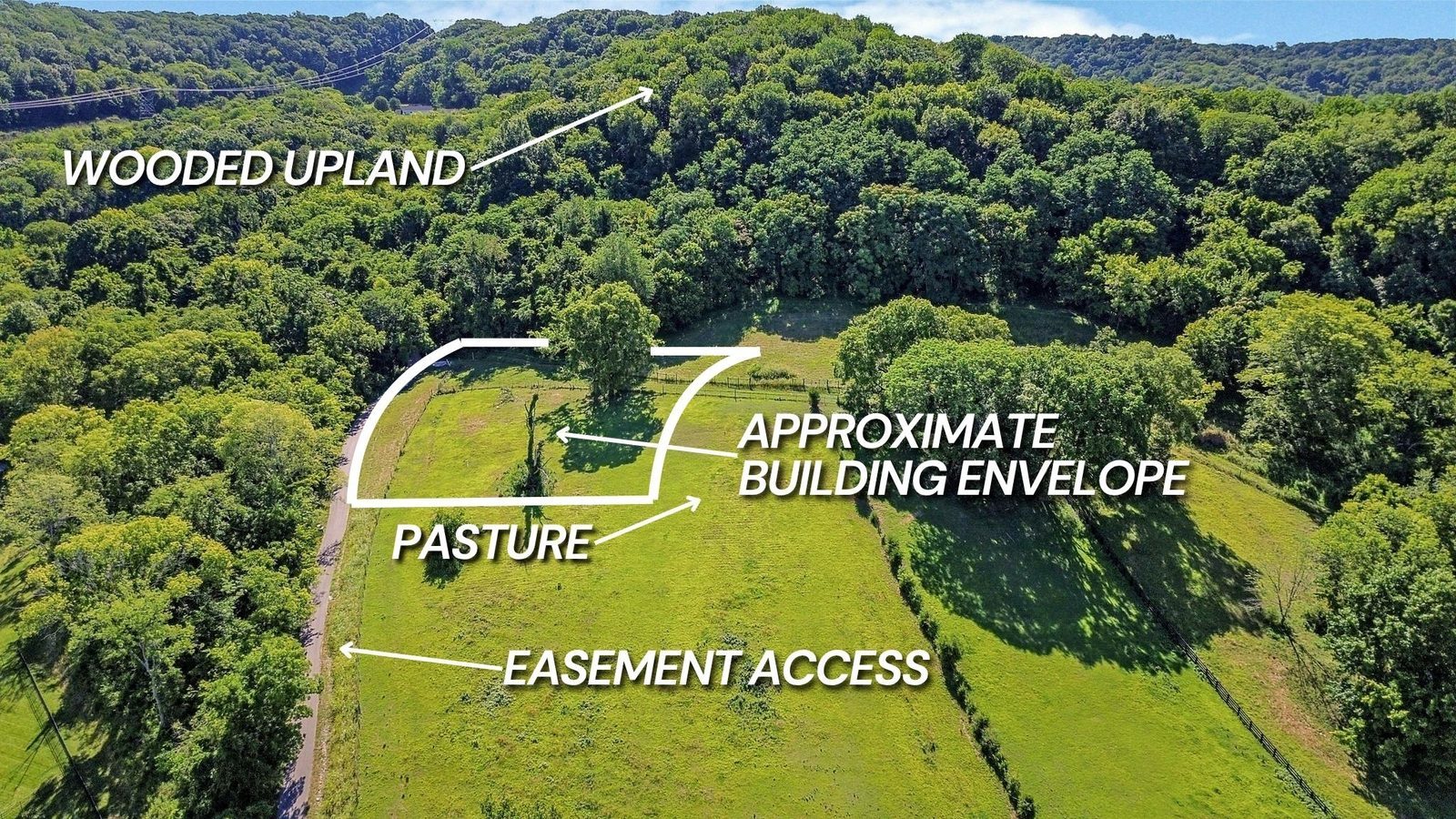 Site map noting the approximate building envelope, pasture, wooded upland, and easement access
